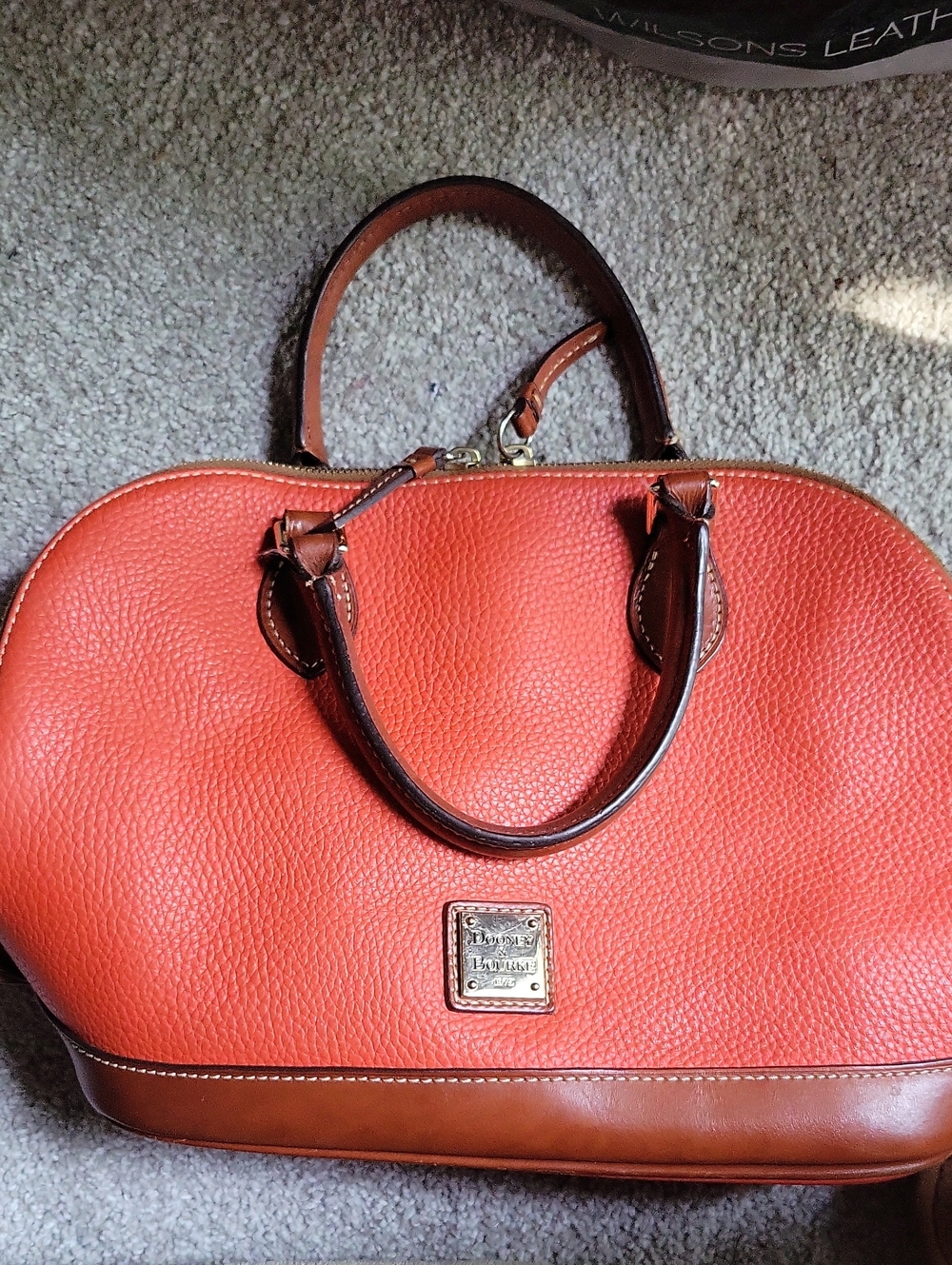 Dooney & Bourke Orange Pebbled Leather Dome Satchel with Brown Trim
